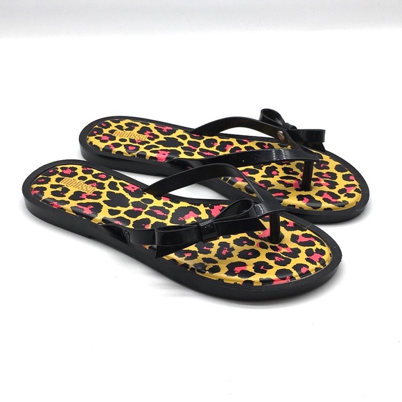 MELISSA Shoes Womens  US 8  EU 39 Black Flip Flops AD Leopard Animal Flat Sanda - Picture 1 of 3